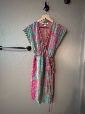 Presley Skye 100% Silk Snake Print Teal Wrap Midi Dress XS